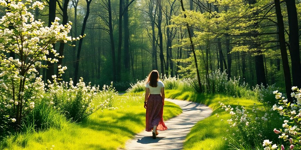Woman walking on a peaceful forest path after breakup.