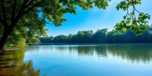 Calm lake and green trees under a clear blue sky.