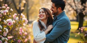 Couple embracing in a sunny park full of flowers.