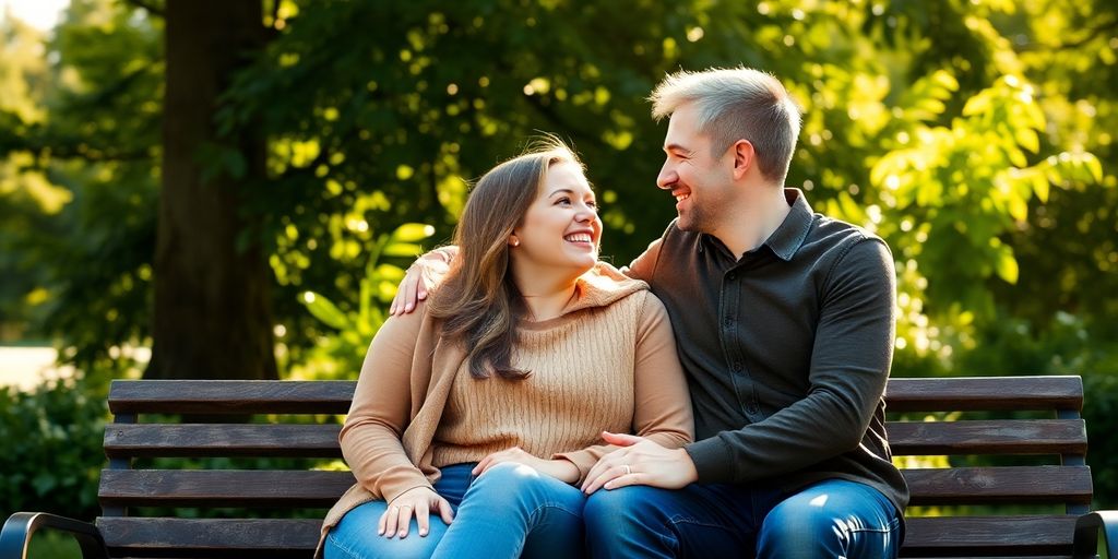 Couple smiling on a park bench in sunlight.