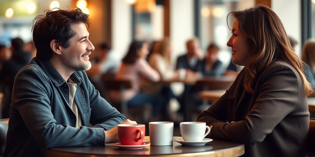 Two people talking at a cafe table, looking relaxed.